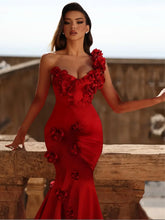 Red Color Women Sexy One Shoulder Florals Bodycon Long Bandage Dress Celebrate Evening Party Wedding Mermaid Outfit